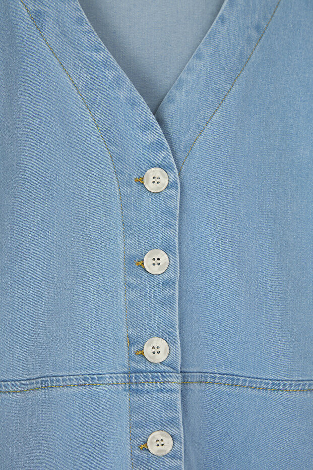 Açık Mavi A Line V Yaka Denim Elbise TBBSS23AH00078 - 7