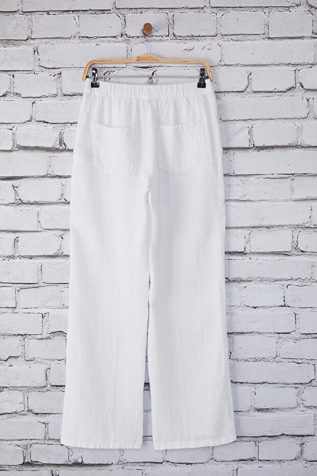 Beyaz %100 Keten Cep Detaylı Yüksek Bel Wide Leg Pantolon TWOSS24JE00247 - 6