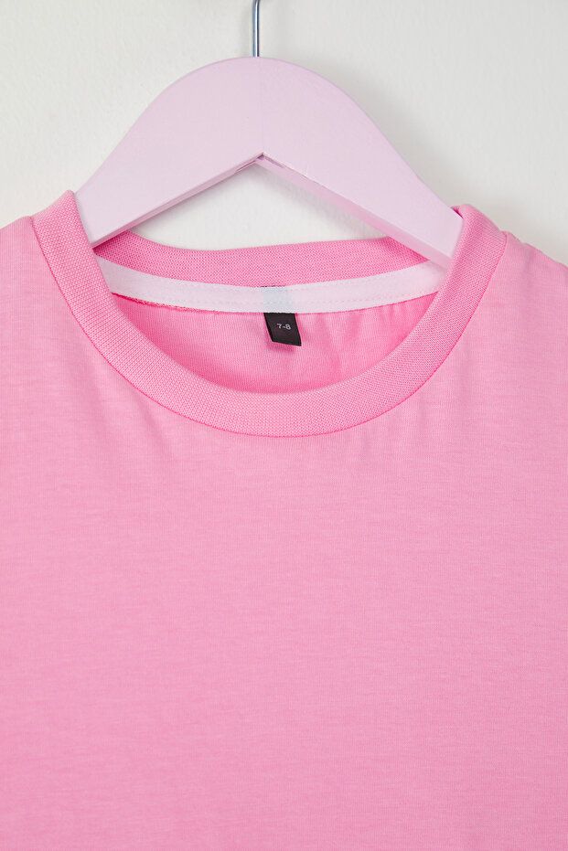 Pembe Kız Çocuk %100 Pamuk Basic Kısa Kol Örme T-Shirt TKDSS25TS00007 - 3