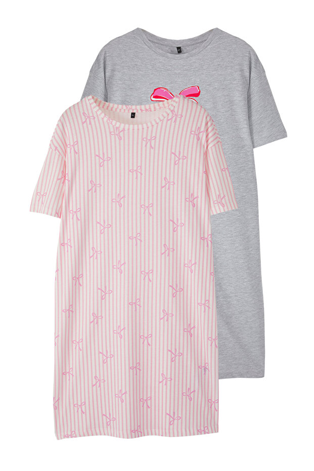 Gri-Pembe Fiyonk/Kurdele Desenli 2'li Paket Örme Gecelik TBBSS25CH00008 - 2