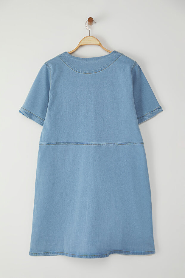 Açık Mavi A Line V Yaka Denim Elbise TBBSS23AH00078 - 8