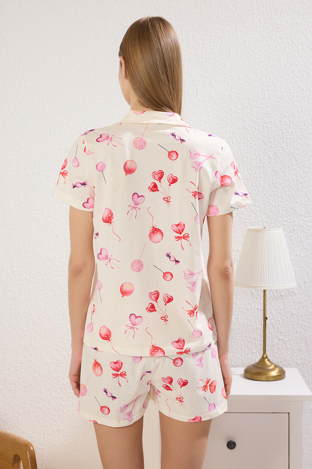 Ekru %100 Pamuklu Kalpli Şortlu Örme Pijama Takımı THMSS25PT00364 - 4