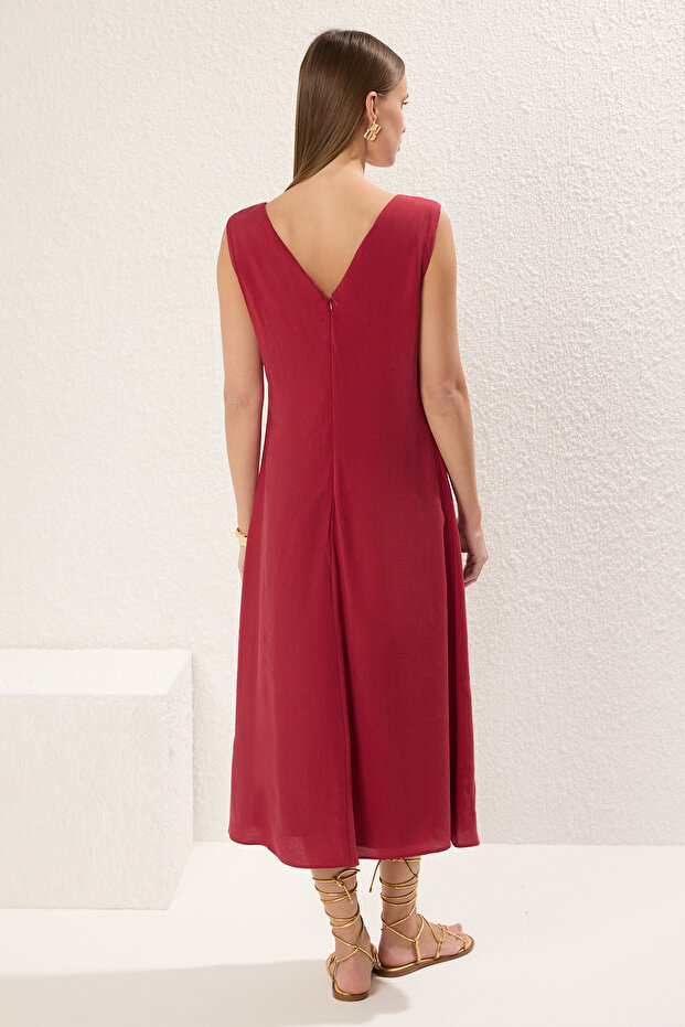 Bordo Düz Kesim Midi Dokuma Elbise TWOSS25EL00288 - 4