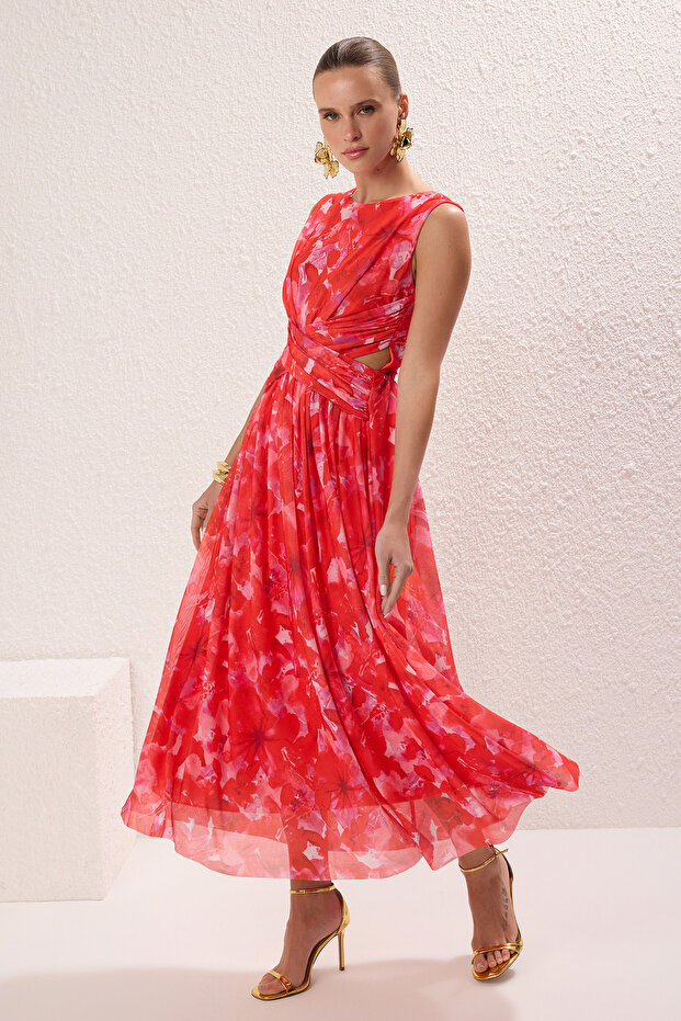 Pembe-Çok Renkli A-Kesim Cut Out/Pencere Detaylı Uçuş Uçuş Tül Abiye Mezuniyet Elbise TPRSS24EL00022 - 2