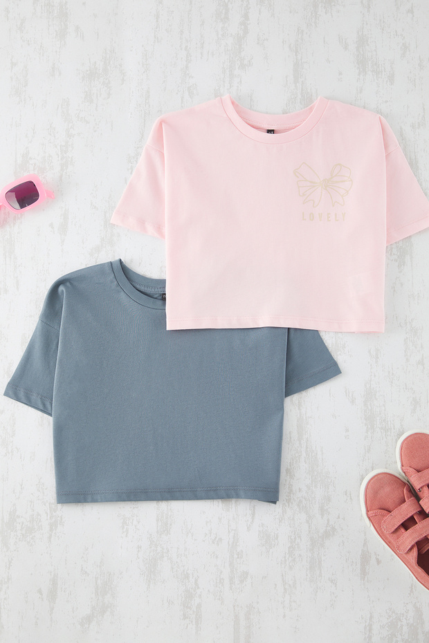 Antrasit-Pembe 2'li Kız Çocuk Pamuklu Slogan Baskılı Crop Kısa Kol Örme T-Shirt TKDSS25TS00055 - 2