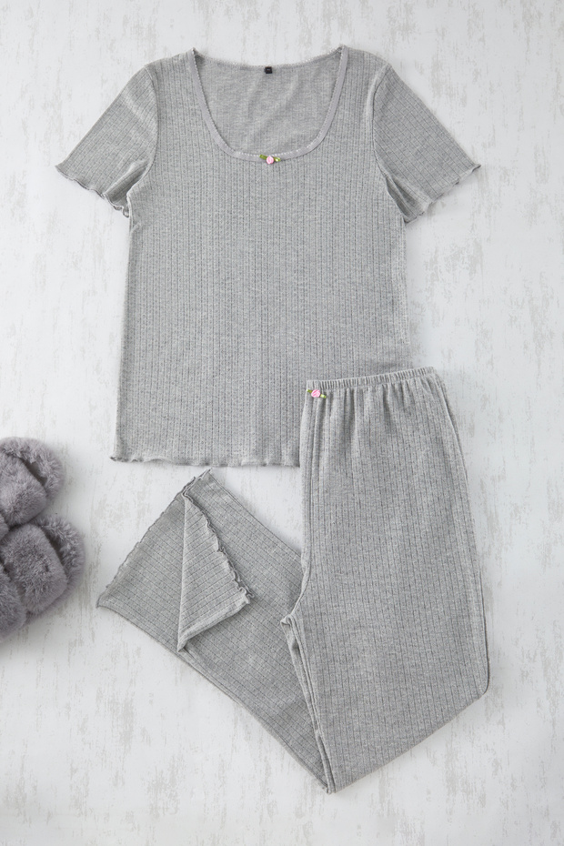 Gri Pointel Ajurlu/Delikli Örme Pijama Takımı TBBSS25AI00049 - 6