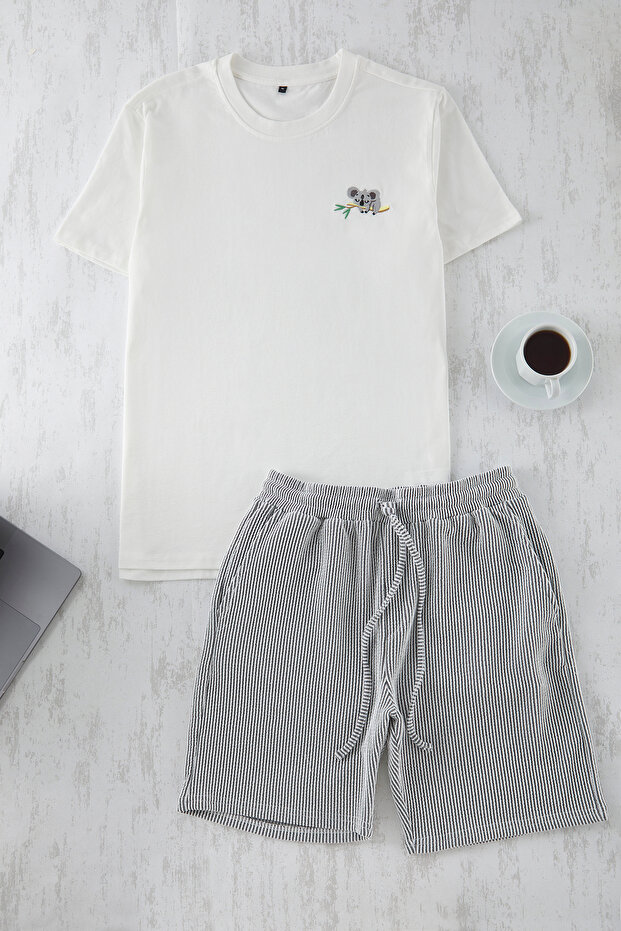 Siyah Unisex Ekru Regular Fit Koala Nakışlı Çizgili Örme Pijama Takımı TMNSS25PT00007 - 2