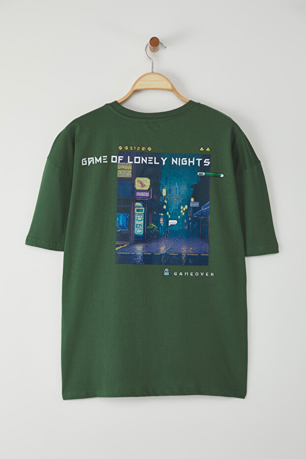 Yeşil Oversize/Geniş Kesim Bisiklet Yaka Kısa Kol Game Over Baskılı T-Shirt TMNSS23TS00247 - 3