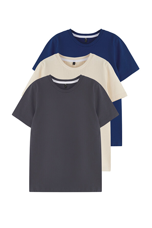 Bej-Lacivert-Antrasit 3'lü Erkek Çocuk %100 Pamuk Basic Kısa Kol Örme T-Shirt TKDSS25TS00021 - 2
