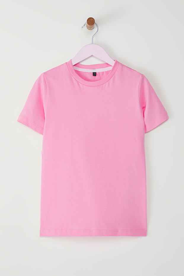 Pembe Kız Çocuk %100 Pamuk Basic Kısa Kol Örme T-Shirt TKDSS25TS00007 - 2