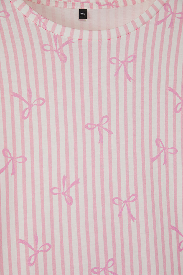 Gri-Pembe Fiyonk/Kurdele Desenli 2'li Paket Örme Gecelik TBBSS25CH00008 - 4