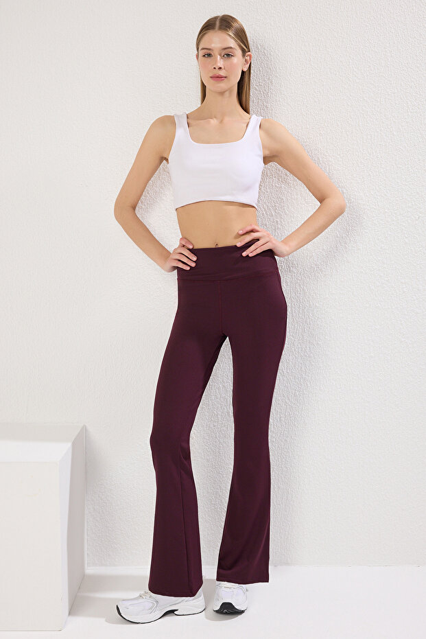Koyu Vişne Fitilli İspanyol Paça Yoga Örme Spor Tayt TWOAW23TY00011 - 2