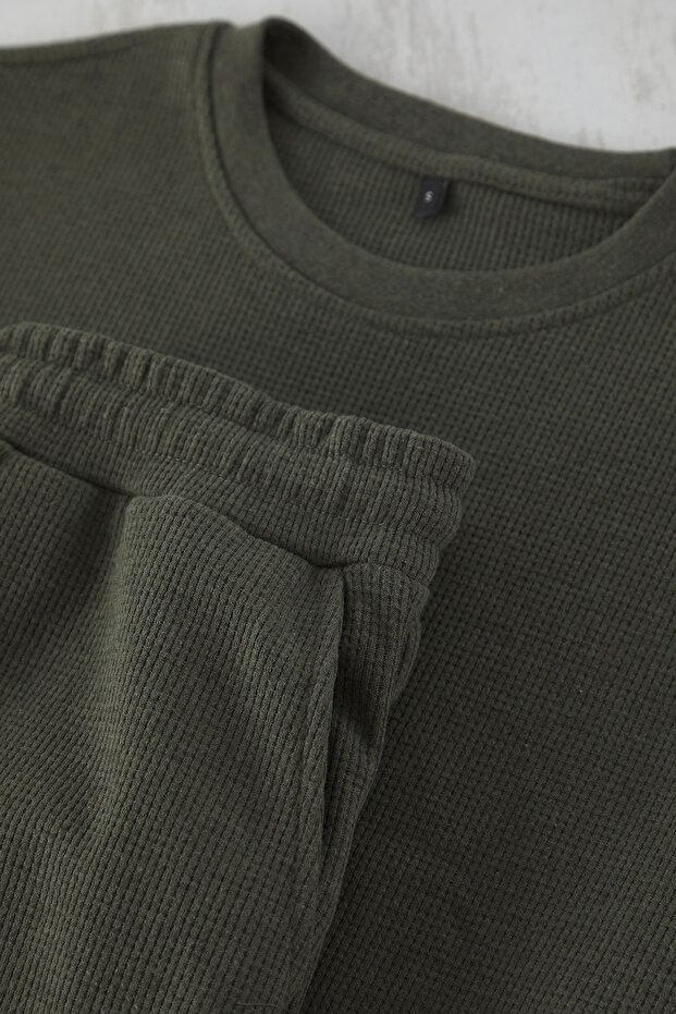 Haki Oversize/Geniş Kesim Dokulu Kısa Kol Eşofman Takımı TMNSS25EM00010 - 7