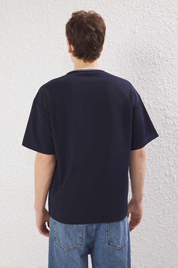 Lacivert Oversize/Geniş Kesim Triko Bantlı Dokulu Pike T-Shirt TMNSS23TS00079 - 2