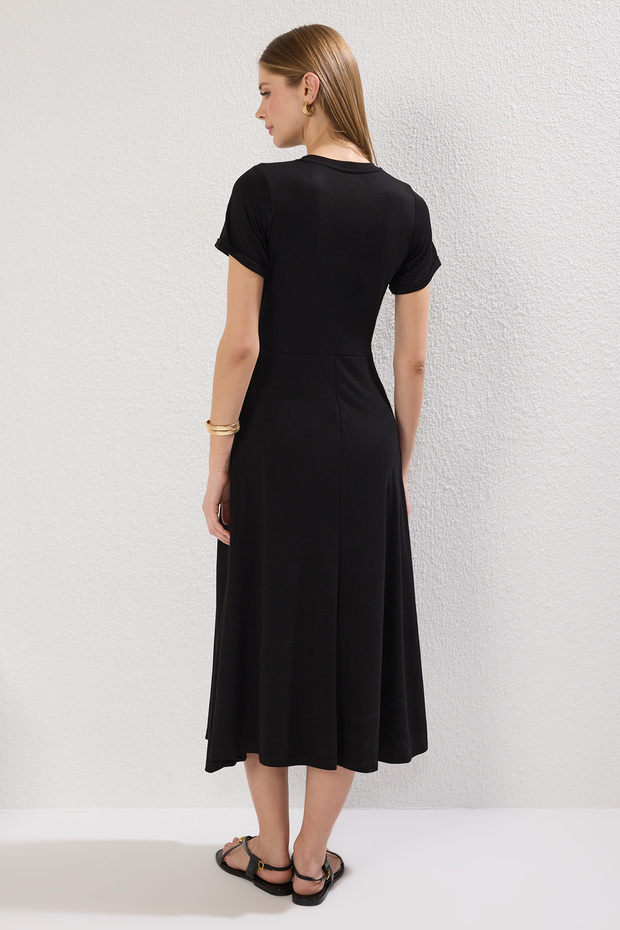 Siyah A Line/Çan Kesim Maxi Esnek Örme Elbise TWOSS25EL00073 - 5