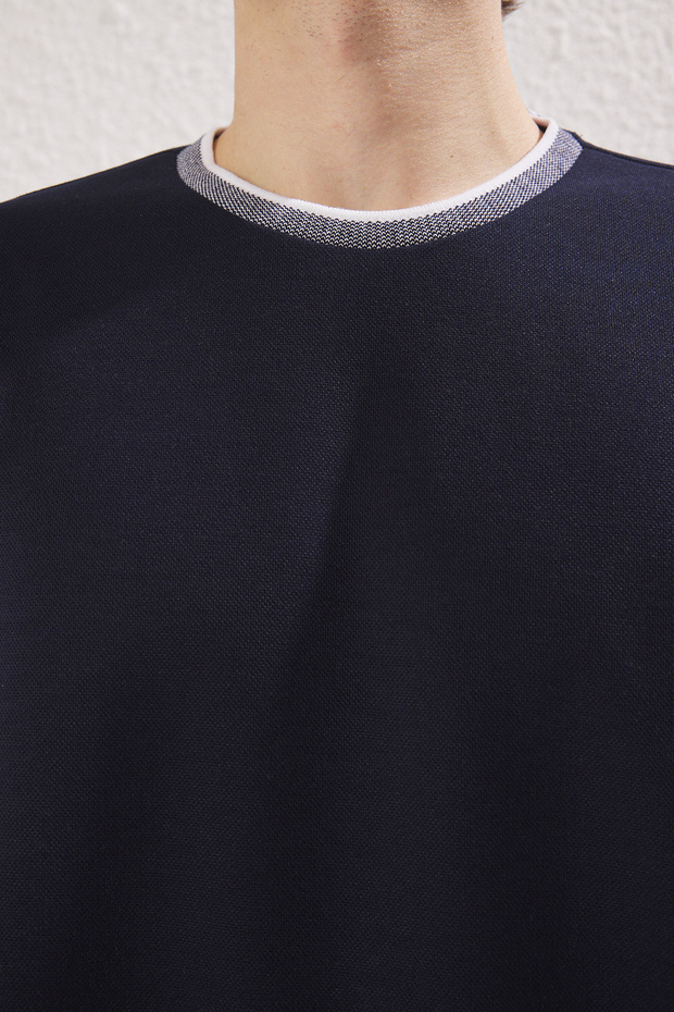 Lacivert Oversize/Geniş Kesim Triko Bantlı Dokulu Pike T-Shirt TMNSS23TS00079 - 4