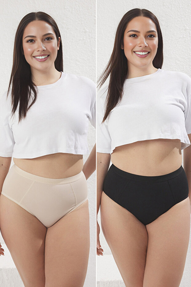 Siyah-Ten 2'li Paket Pamuklu Yüksek Bel Örme Toparlayıcı Klasik Büyük Beden Külot TBBSS25CM00001 - 1