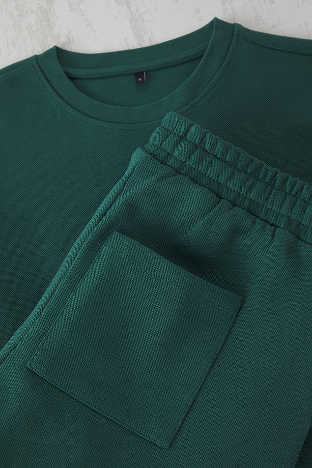 Zümrüt Yeşili Oversize Kalın %100 Pamuk Tshirt Şort 2'li Eşofman Takımı - 8