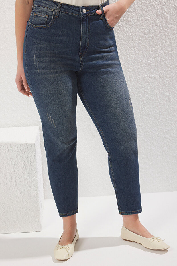 Koyu Mavi Yüksek Bel Destroy Detaylı Esnek Skinny Jeans TBBSS25CJ00011 - 3