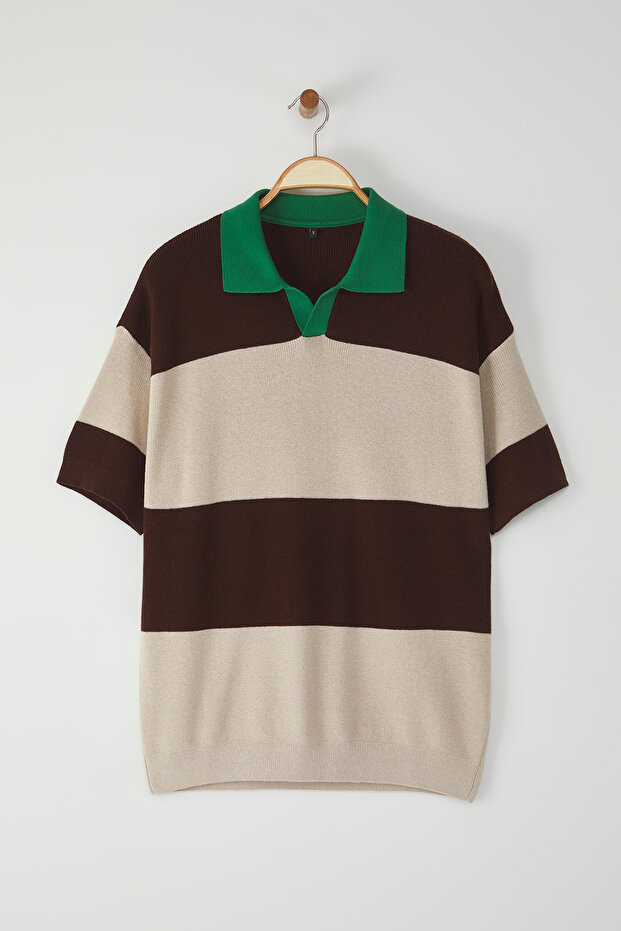 Çok Renkli Oversize Polo Yaka Renk Bloklu Triko Polo Yaka T-shirt TMNSS25PO00037 - 3