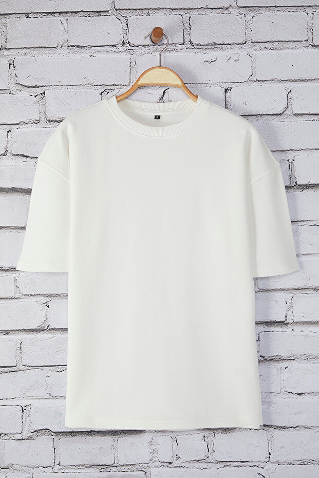 Beyaz Oversize/Geniş Kesim Pamuklu Kalın Basic T-Shirt TEDSS25TS00005 - 1