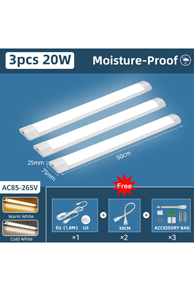 1.8m EU Plug Cold White 3pcs 20W I 50cm Moisture-Proof Led Tube Light 50/30cm Kitchen Lights 20W 10W