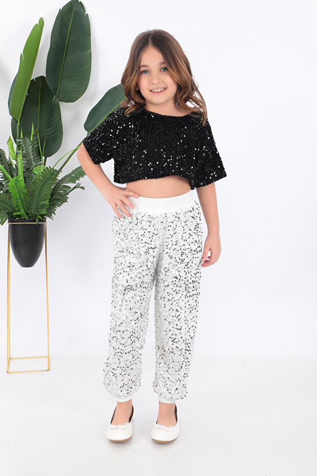 Female Child Black and White Short T-Shirt Sequins Sequins Dancer Costume