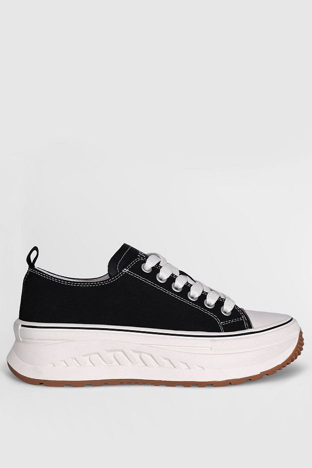 Yüksek Taban Bağcıklı Tekstil Kadın Günlük Sneaker Ayakkabı Siyah - 3