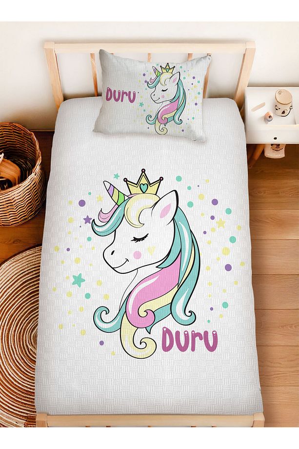 İsme Özel %100 Pamuk 160x230 Tek Kişilik Pike Takımı Unicorn - 1