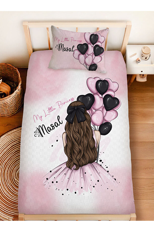 İsme Özel %100 Pamuk 160x230 Tek Kişilik Pike Takımı Balonlu Kız - 1