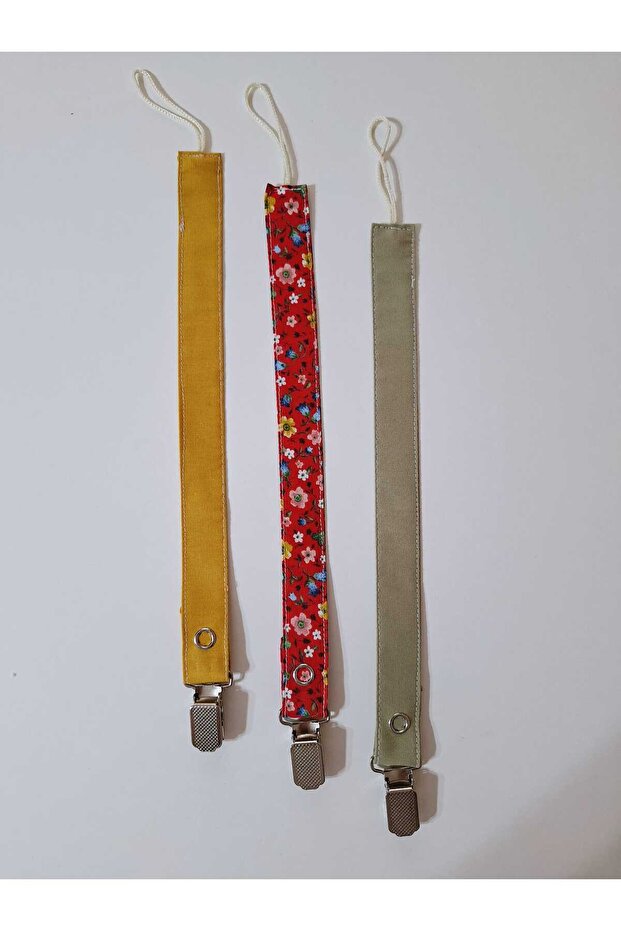Pacifier Strap Set 3-Pacifier Chain Set of 3-Mustard-Red Flowers-Oil Green Tones