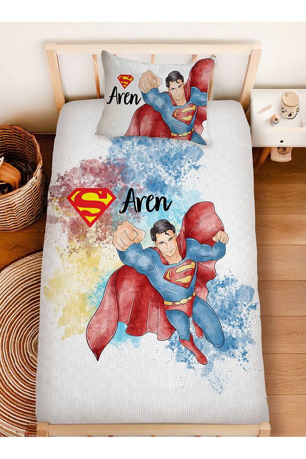 İsme Özel %100 Pamuk 160x230 Tek Kişilik Pike Takımı Superman - 1