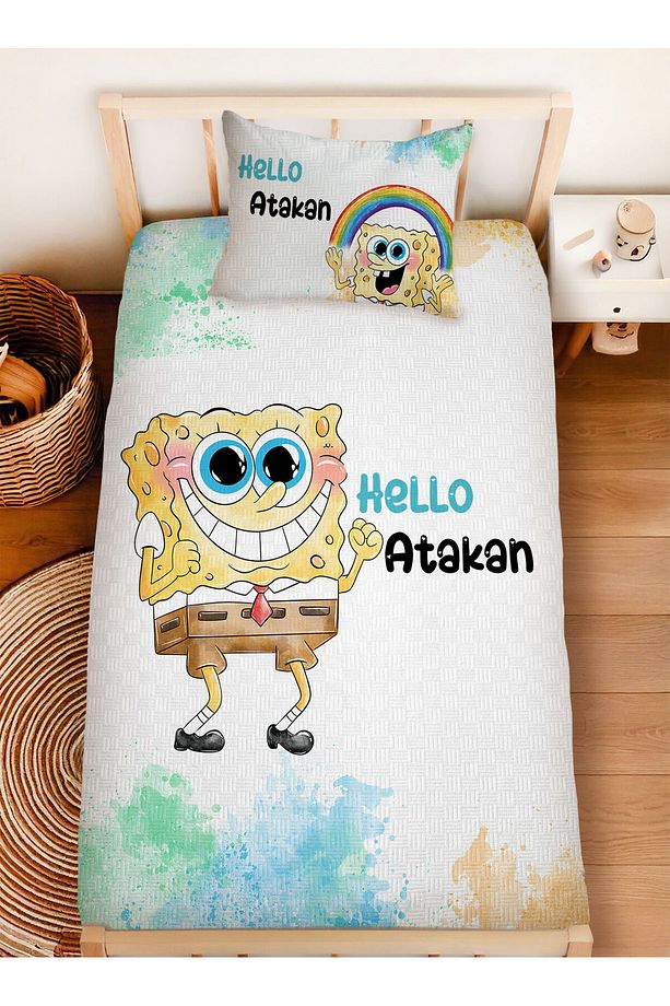 İsme Özel %100 Pamuk 160x230 Tek Kişilik Pike Takımı Sünger Bob - 1