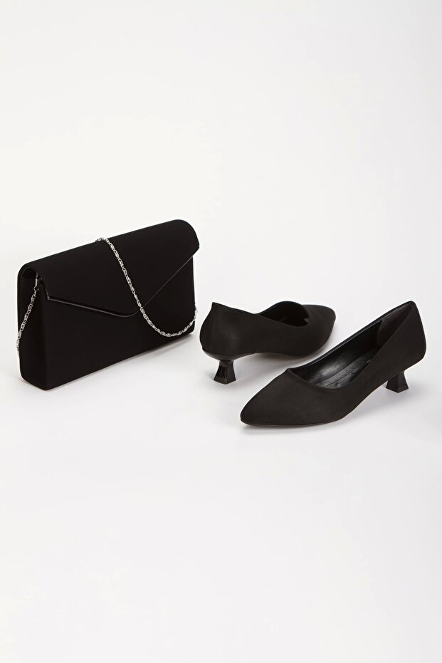 Short Heeled Pointed Toe Stiletto and Bag Set Black Suede