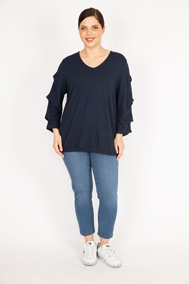 Women's Navy Blue Large Size Sleeve Detailed Tunic with Elastic Hem 65n36075