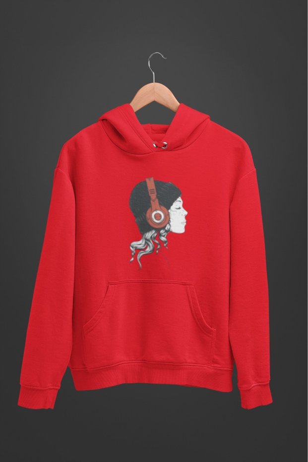 Unisex Long Sleeve Girl with Headphones Transfer Printed Hooded Sweatshirt