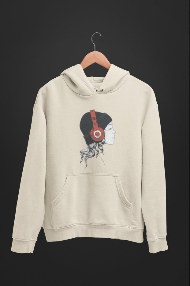 Unisex Long Sleeve Girl with Headphones Transfer Printed Hooded Sweatshirt