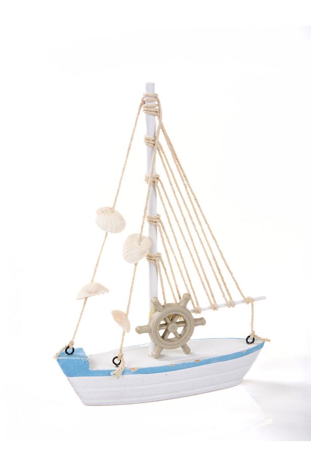 Marin Tekne Deniz Kabuklarıyla Süslenmiş Ahşap Yelkenli Biblo Ofis dekorasyon Tekne 22,5cm x 15cm - 2