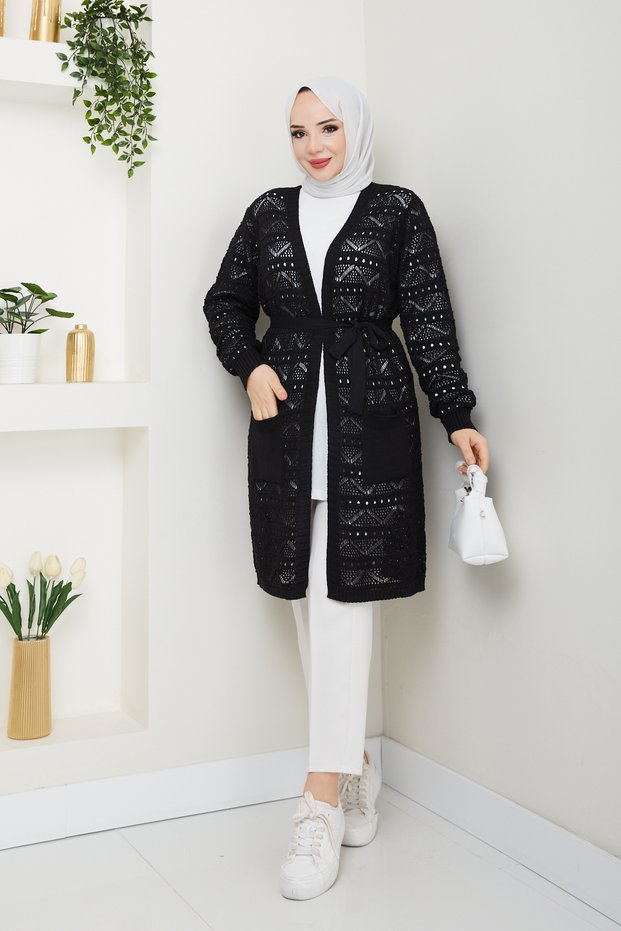 Women's Pocketed Waistband Openwork Knitwear Cardigan