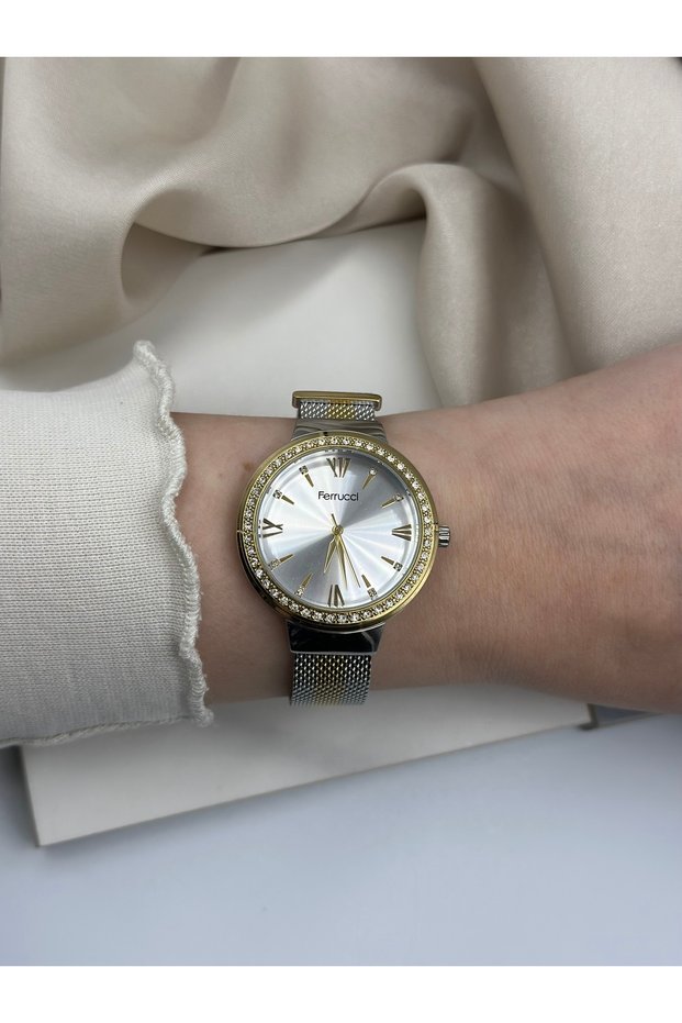 Double Color Silver and Gold Mesh Cord Row Stone Ferrucci Women's Watch