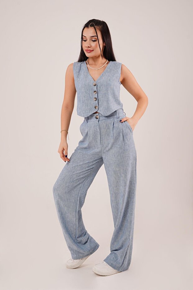 Linen Vest Trousers Blue Double Set