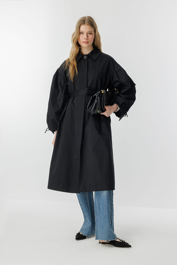 Black Trench Coat with Rose Cape Detail