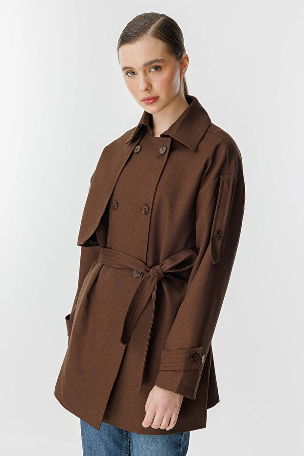 Short Brown Trench Cotton with Crown Oversize