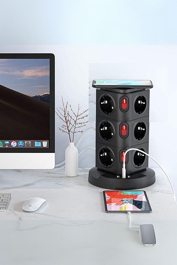 Akım Korumalı Priz Kablosuz Şarj İstasyonu 12x Priz / 1x USB / 2x TYPE-C Girişli 1.8mt Kablo - 2