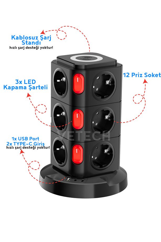 Akım Korumalı Priz Kablosuz Şarj İstasyonu 12x Priz / 1x USB / 2x TYPE-C Girişli 1.8mt Kablo - 3