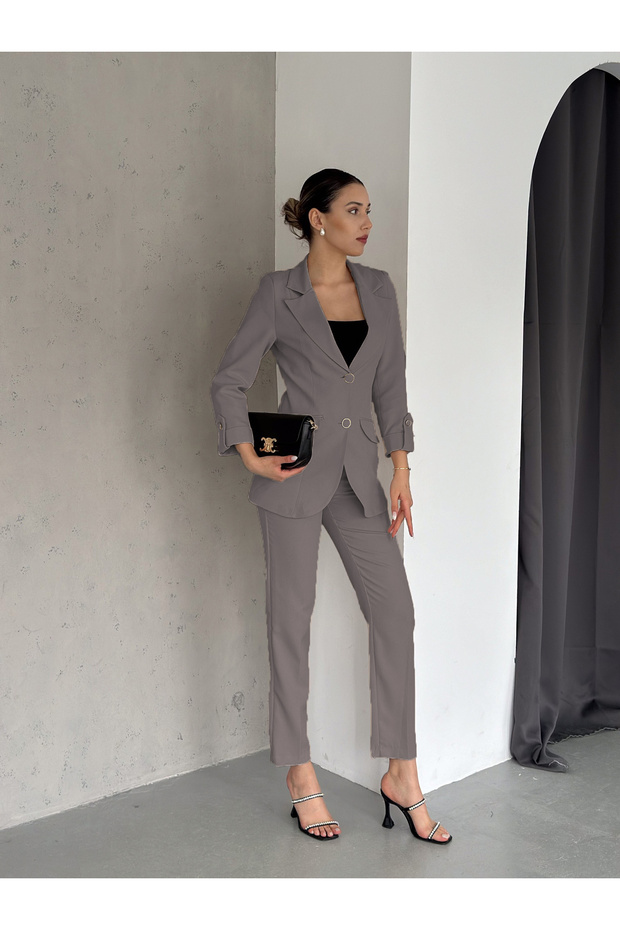 Grey Folded Sleeve Detail Blazer Jacket and Carrot Cut Pants Atlas Woven Fabric Suit
