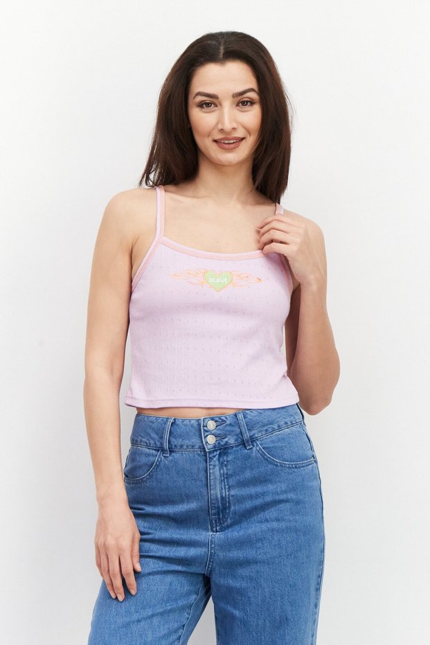 Women Round Neck Sleeveless Embroidered Tank Top, Pink