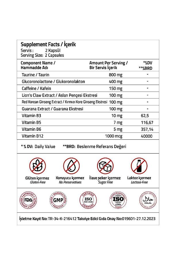 Taurine Glucoronolactone Lion's Claw Extract Guarana Extract 60 Capsules - 3
