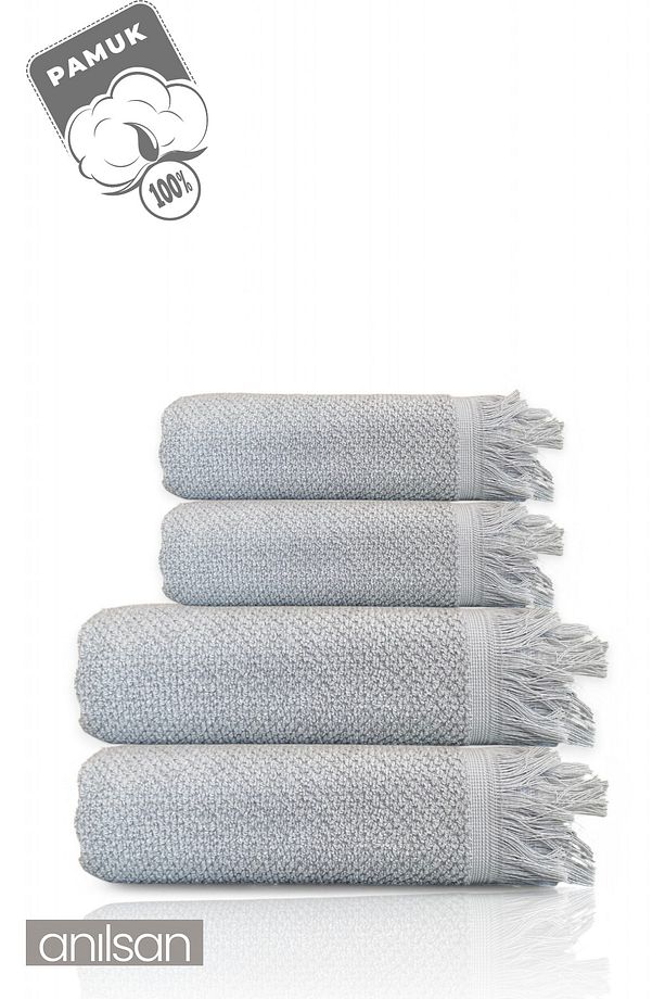 4'lü Gri Jelena Havlu Seti %100 Pamuk  - 2 Adet El Havlusu 50x90 ve 2 Adet Banyo Havlusu 70x140 - 2