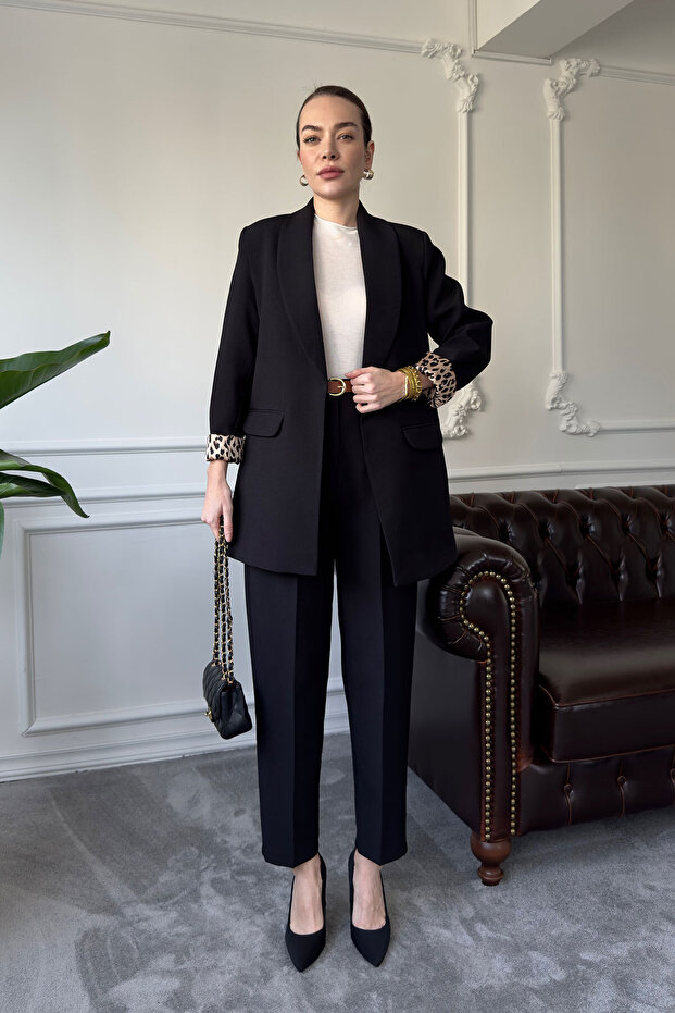 Leopard Sleeve Layered Jacket Set - Black - 2